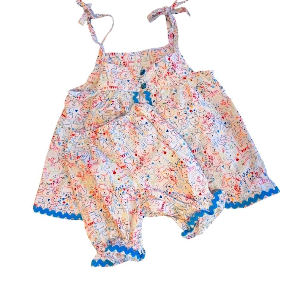 Vintage girls homespun all over cat & hearts print outfit
